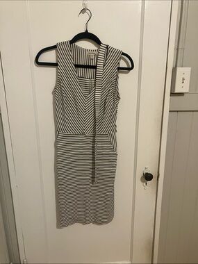 Monteau Black and White Striped V-Neck Sheath Dress